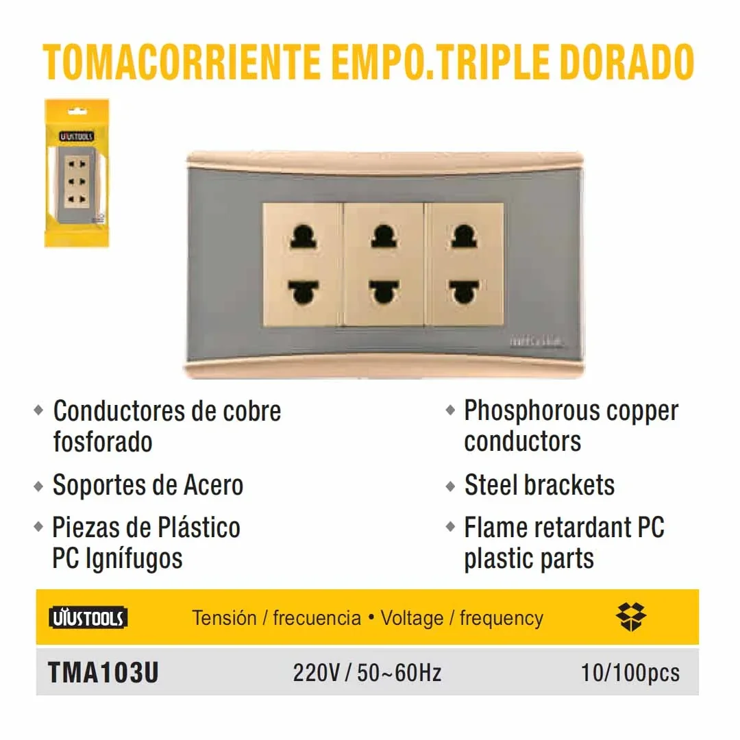 PLAC TOMACORRIENTE TRIPLE dorado UYUST 220V/60Hz