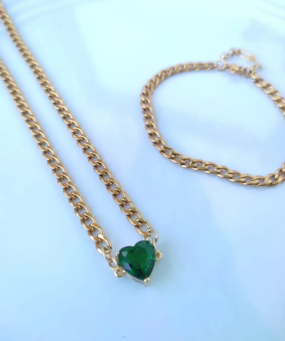 SET CHOKER CUBANO CORAZON VERDE ESMERALDA + PULSERA CUBANA