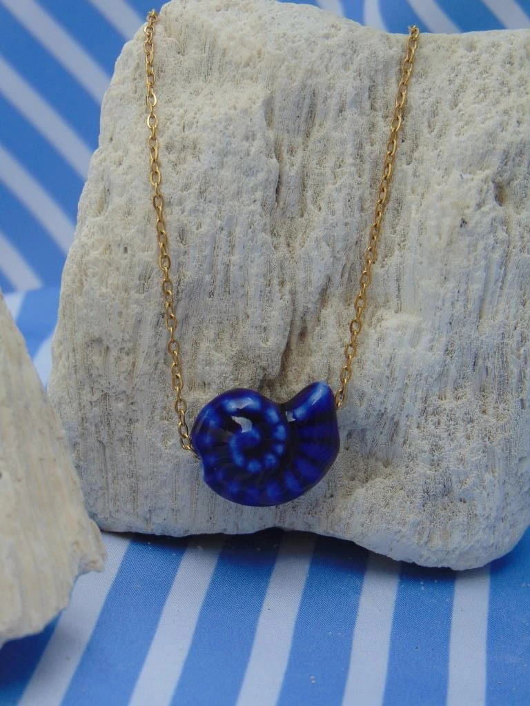 CADENA ACERO DOR DIJE CARACOL AZUL PROFUNDO 3