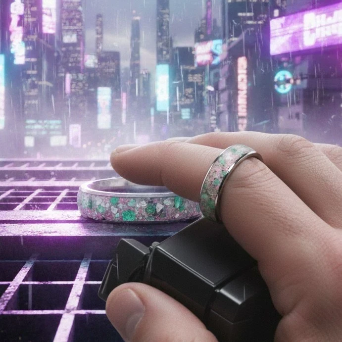 Anillo Cyberpunk de Esmeraldas con Escamas de Mica Rosa 