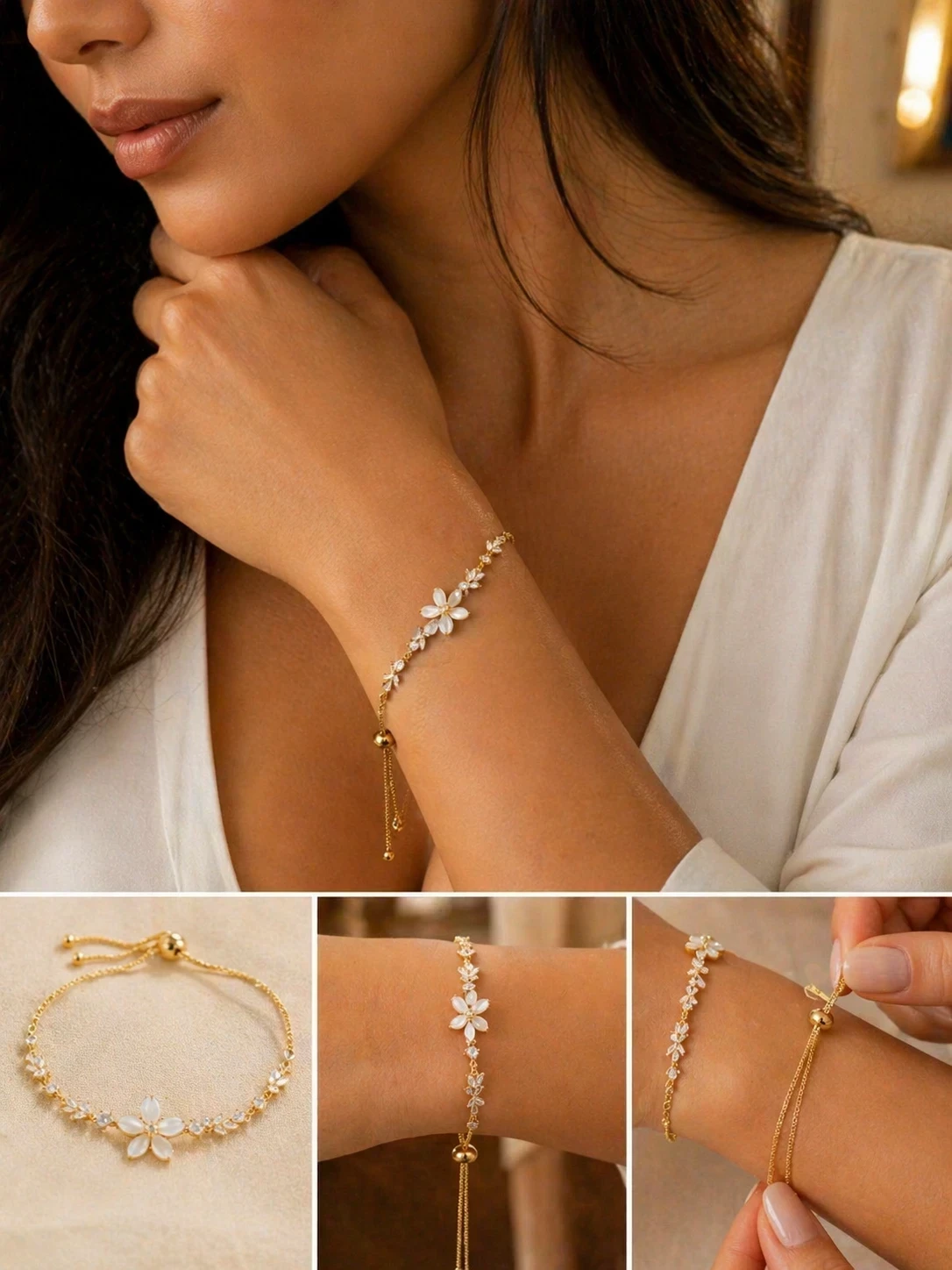 Pulsera ajustable flor oro laminado 