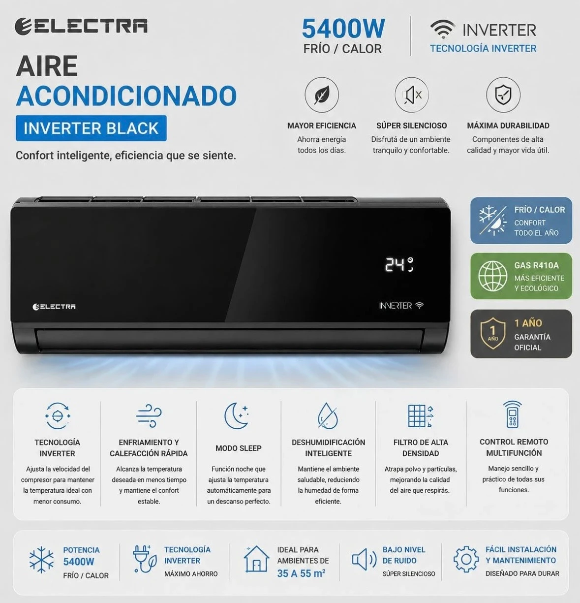 AIRE ACONDICIONADO ELECTRA BLACK ICE FRIO/CALOR* 5300W INVERTER BLACK ICE FRIO/CALOR
