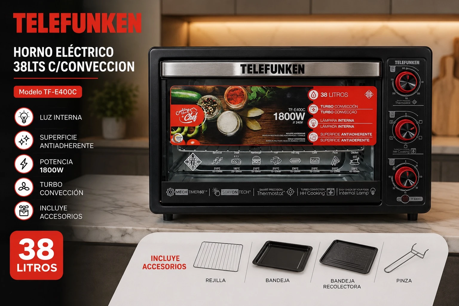 HORNO ELECTRICO TELEFUNKEN 38LTS C/CONVECCION 