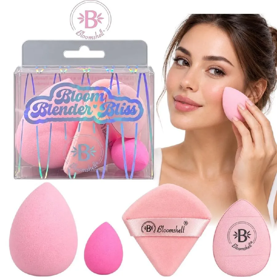 set x4 de beauty blender y borlas de maquillaje bloomshell 