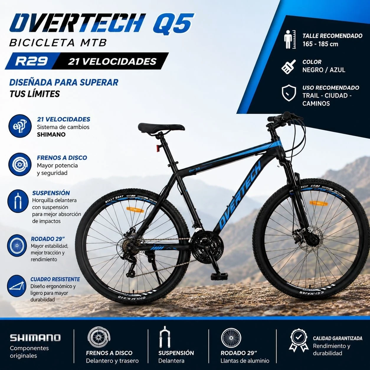 Bicicleta Mtb Overtech Q5 R29 21v con Shimano Freno a Disco con Suspensión Color Negro/azul*