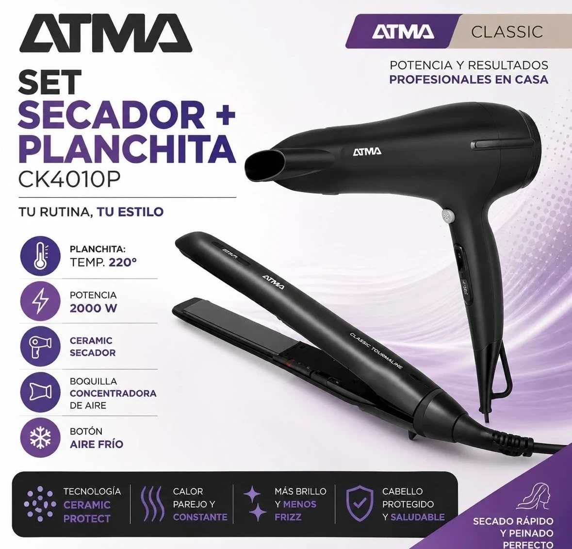 Combo Secador + Planchita ATMA Home Salon Set