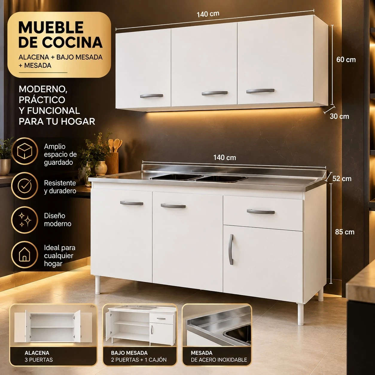 MUEBLE DE COCINA ALACENA Y BAJO MESADA BLANCO *CONSULTAR DISPONIBILIDAD CON EL VENDEDOR*