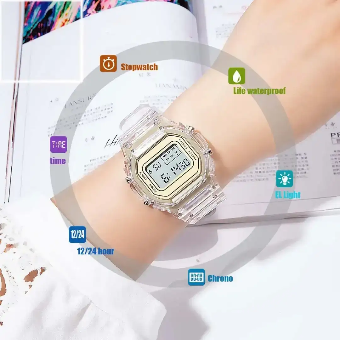 Reloj Deportivo Digital Cuadrado Transparente Dorado 3