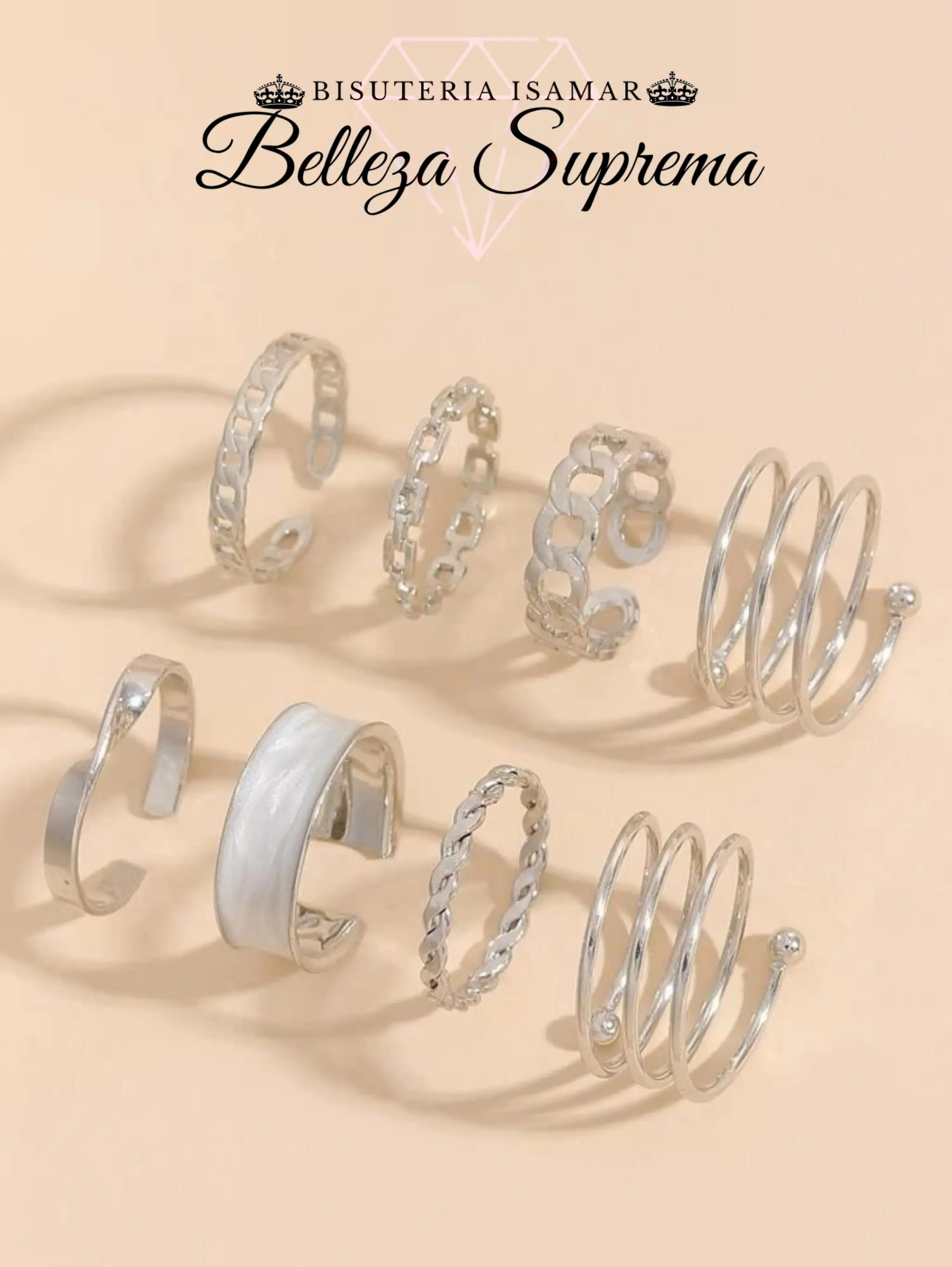 SET DE 8 ANILLOS PLATEADO BRILLANTE