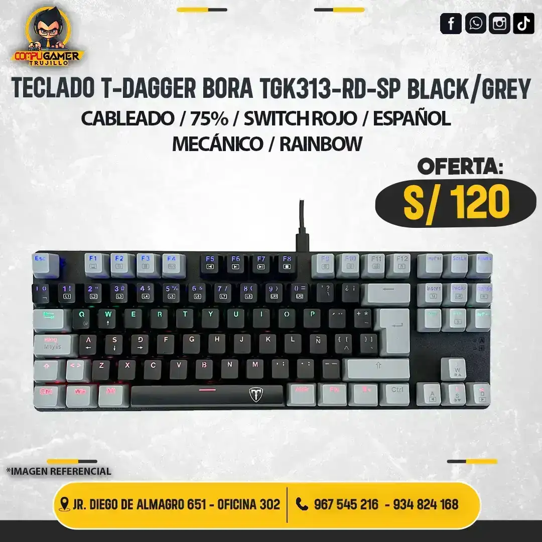 TECLADO MECÁNICO T-DAGGER BORA T-TGK313-BG-SP RAINBOW BLACK/ GREY 