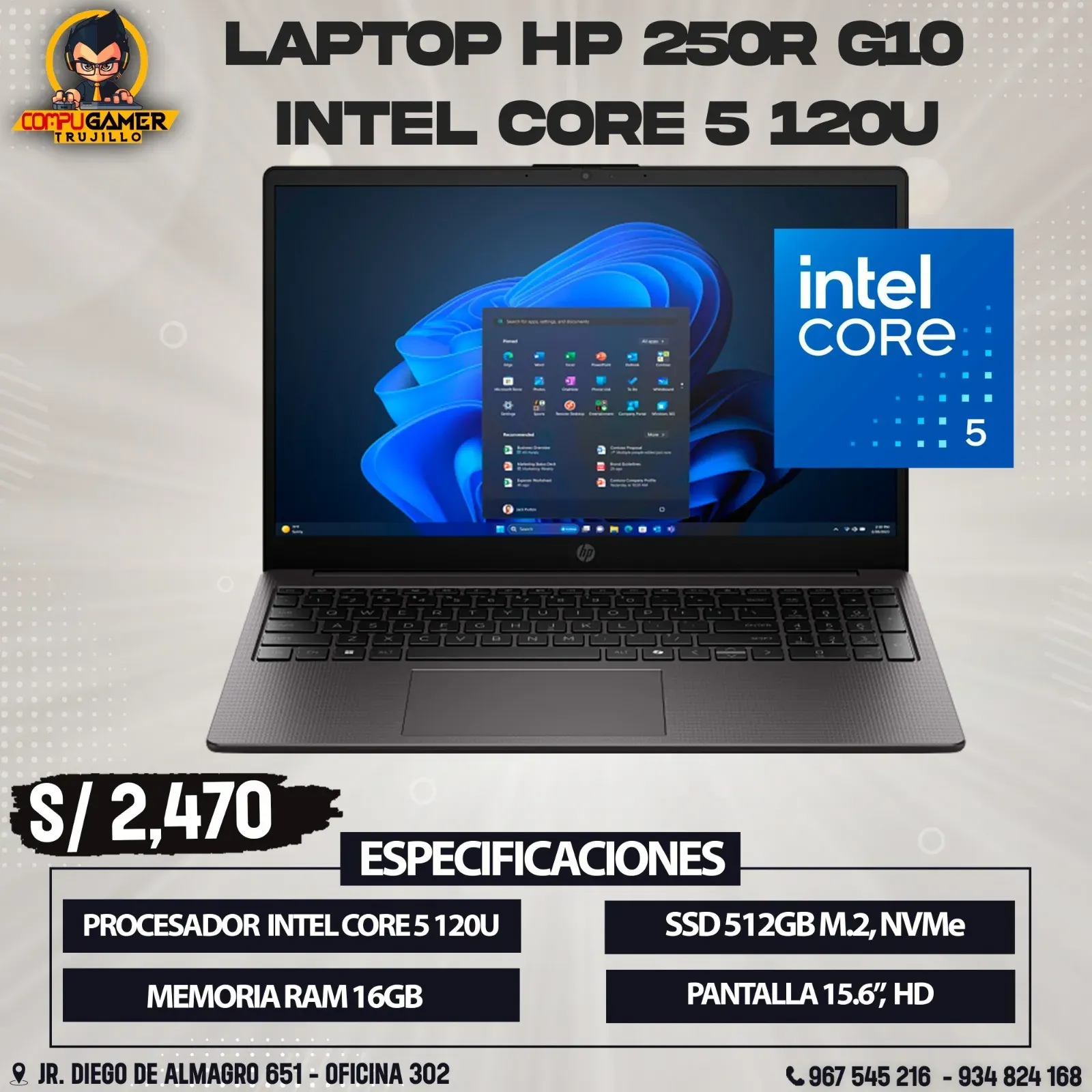 LAPTOP HP 250R G10 INTEL CORE 5 210, RAM 16GB, SSD 512GB, PANTALLA 15.6" HD