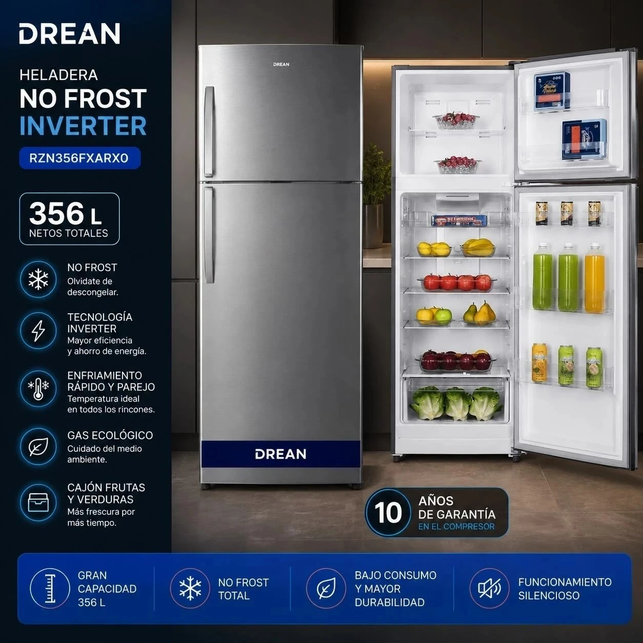 HELADERA DREAN RZN356FXARXO 356LTS NO FROST INVERTER