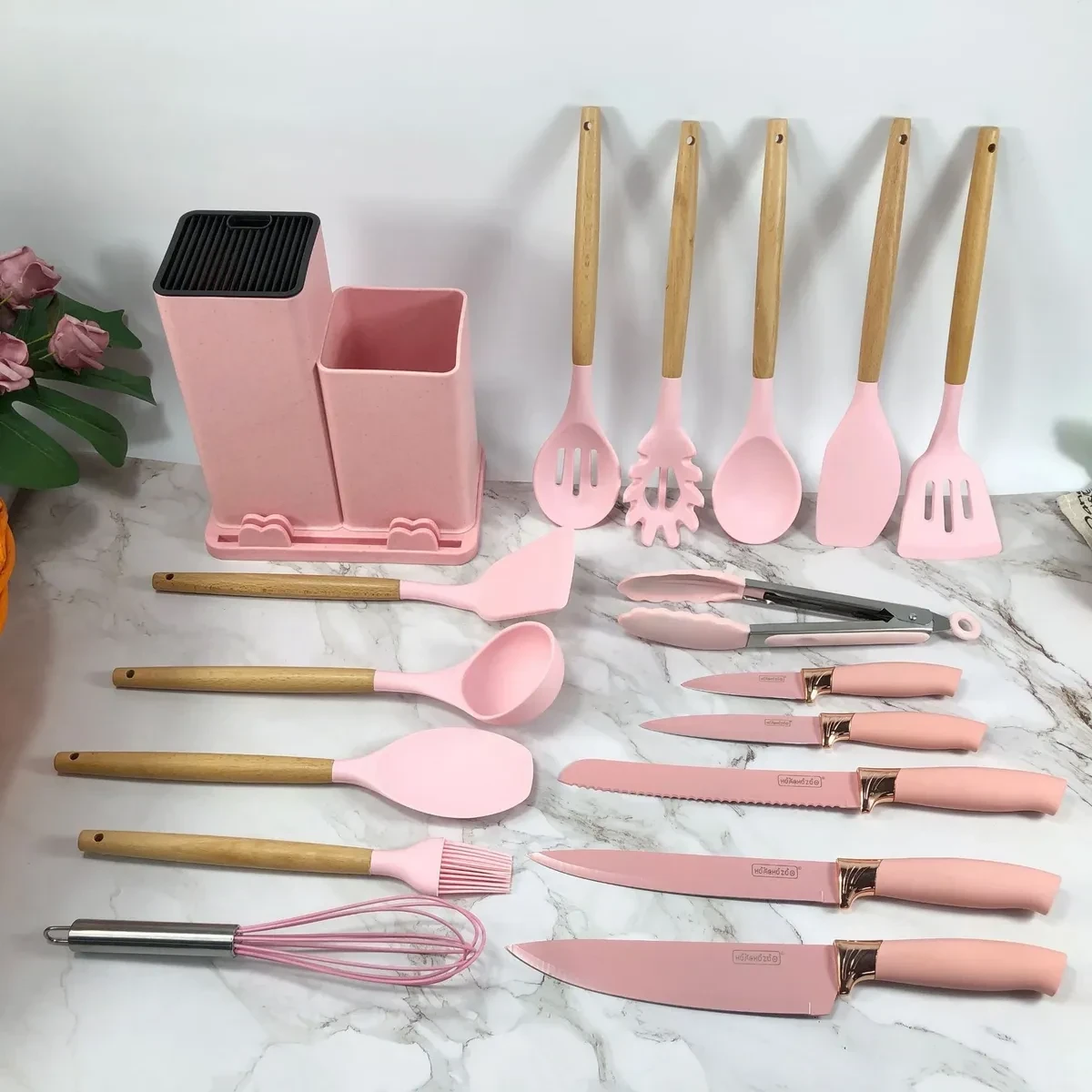 SET DE UNTENSILLOS DE COCINA MANGO DE MADERA KIT X19 PUNTA DE SILICONA COLOR ROSA 3