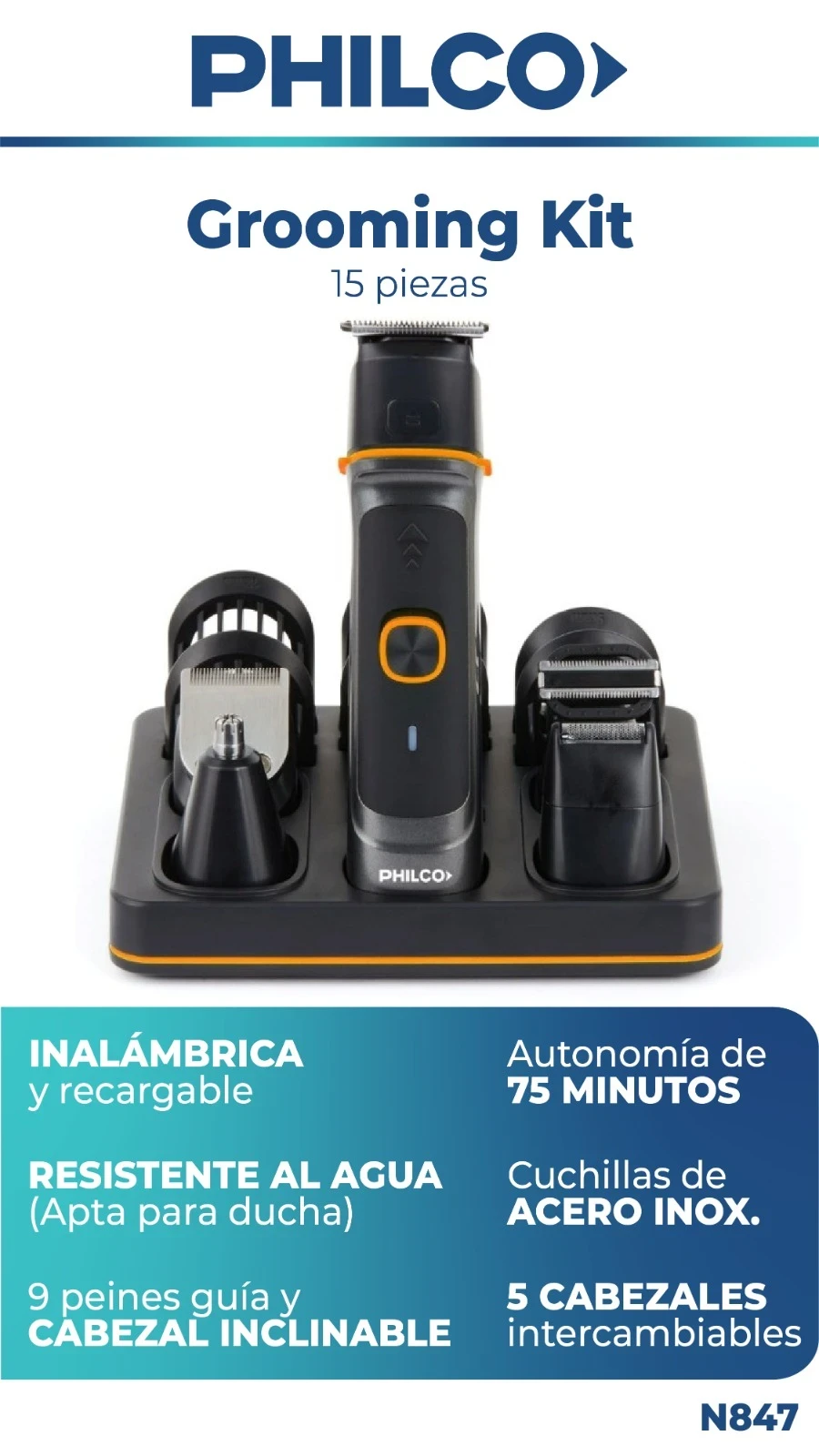 KIT DE AFEITADO MULTIFUNCIÓN PHILCO 15 PIEZAS 