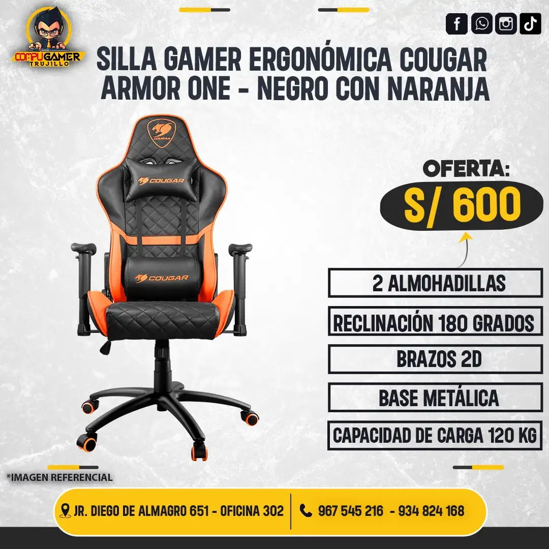 SILLA GAMER ERGONÓMICA COUGAR ARMOR ONE NEGRO CON NARANJA