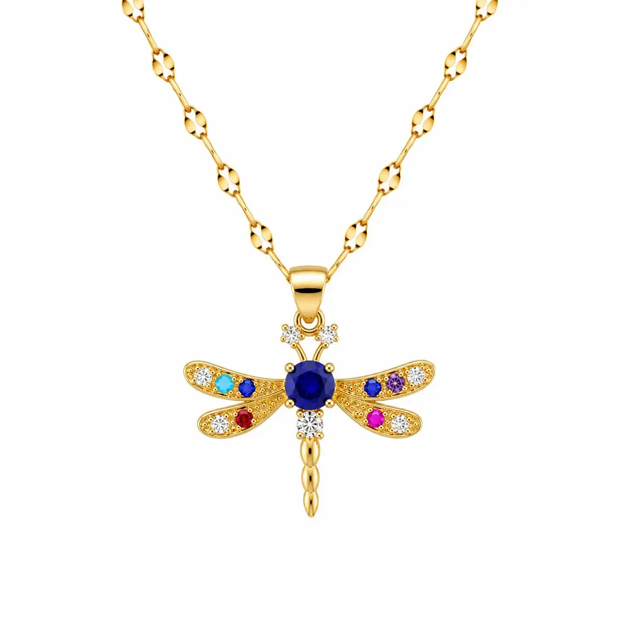 Cadena Y Dije En Acero Con Piedra Circon De Libelula Azul Colores