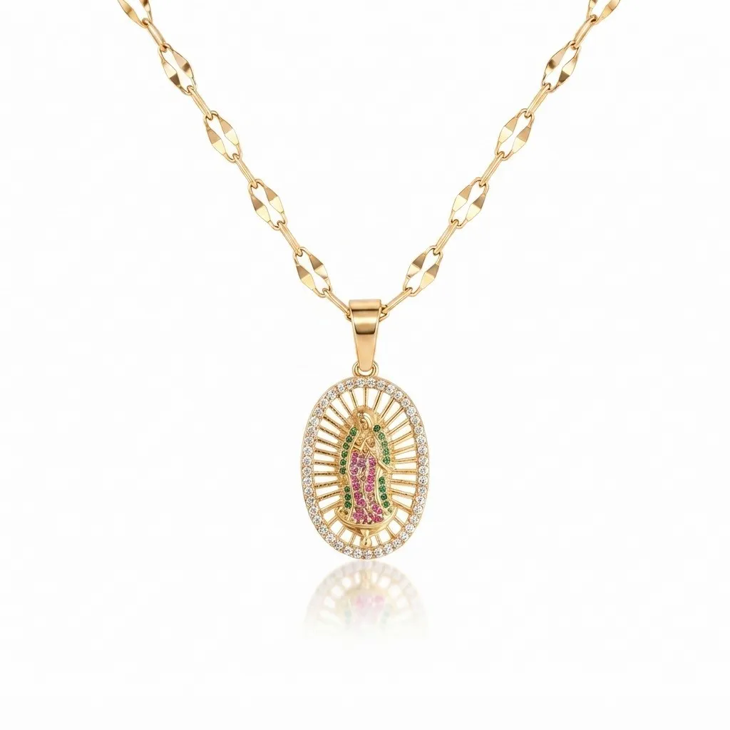 Cadena Y Dije En Acero Con Piedra Circon De Virgen De Guadalupe Colores