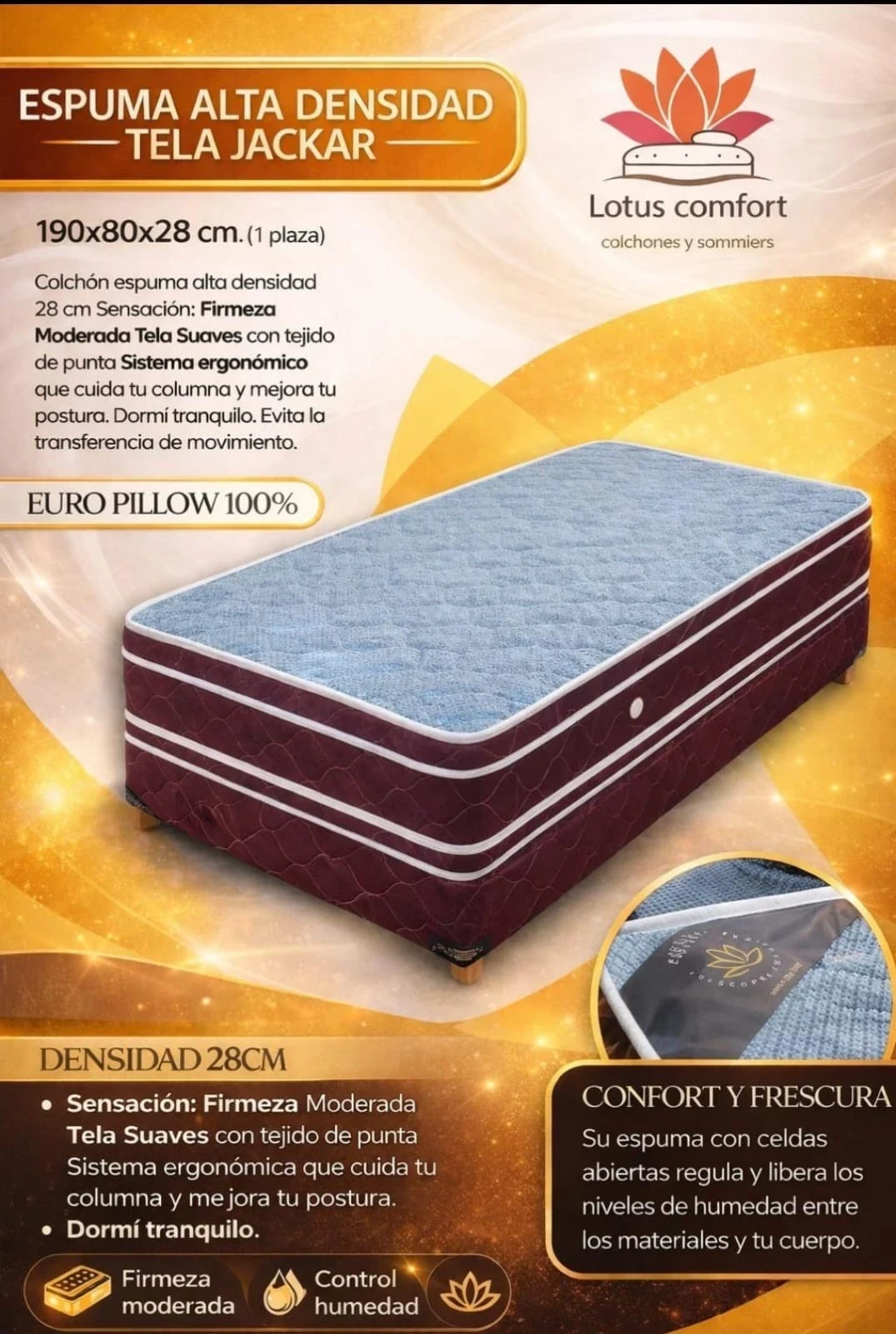 SOMMIER LOTUS 1 PLAZA DOBLE PILLOW 100% 190*80CM