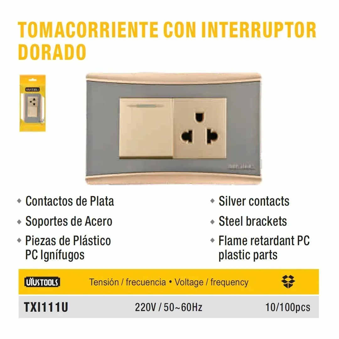 PLACA TOMA e INTERRUP MIXTO dorado UYUST 220V/60Hz