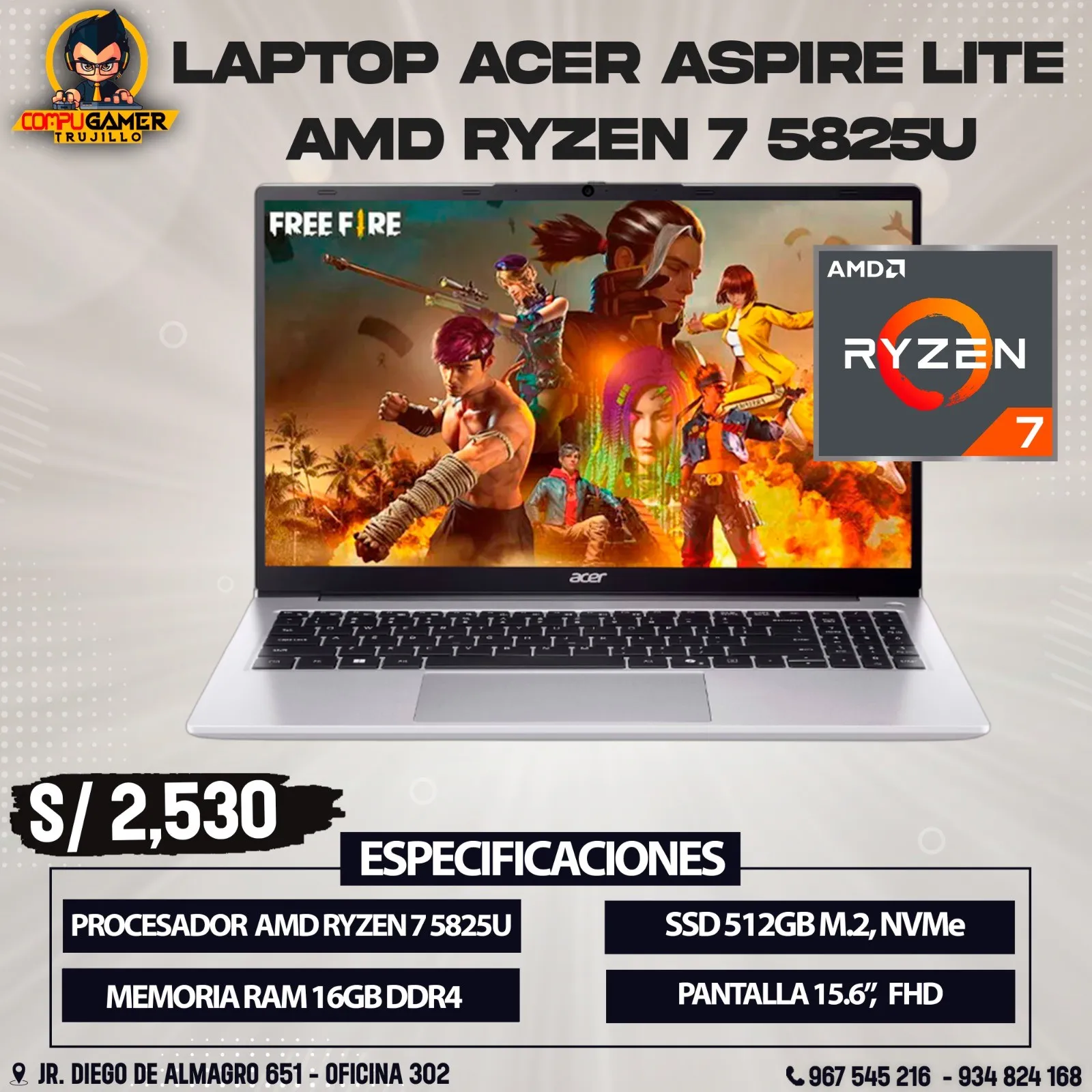 LAPTOP ACER ASPIRE AMD RYZEN 7 5825U, RAM 16GB, SSD 512GB, PANTALLA 15.6" FHD 