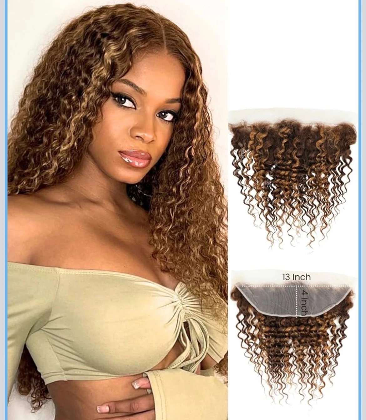 Cabello Humano con Resalto en Rubio Miel, Onda Profunda 13x4, Cierre Frontal con Encaje Solo, 22 Pulg, 12A Virgen 100% Atado a Mano de Oreja a Oreja, Ombre Marrón HD, Encaje Frontal Transparente