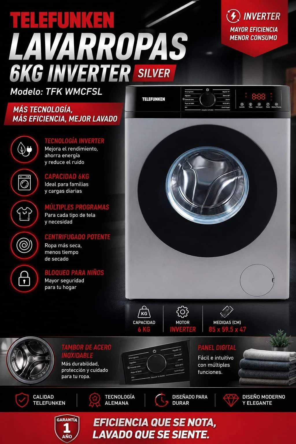 Lavarropas Telefunken Inverter 6KG