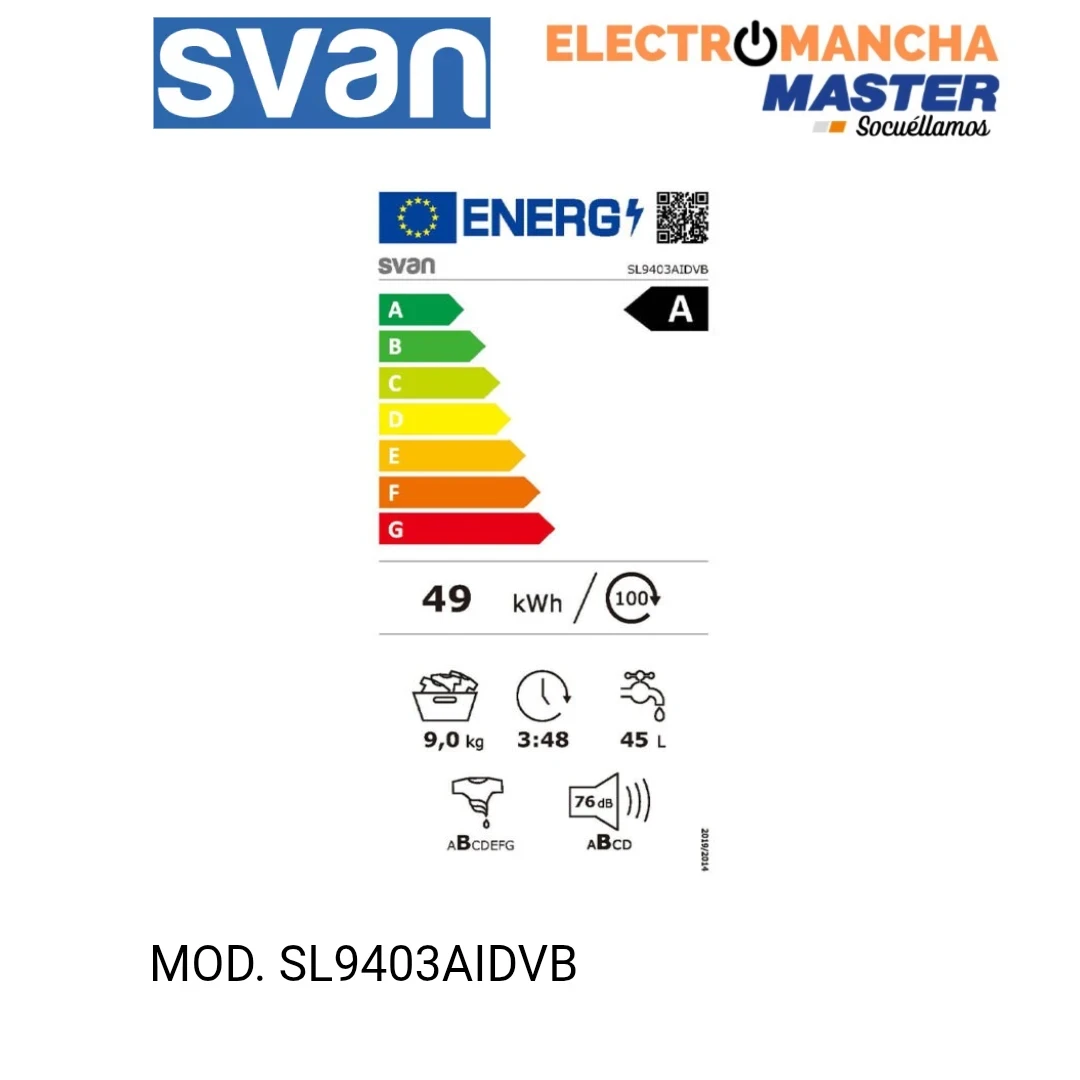 LAVADORA SVAN SL9403AIDVB 9 KG. 1400RPM. A 8