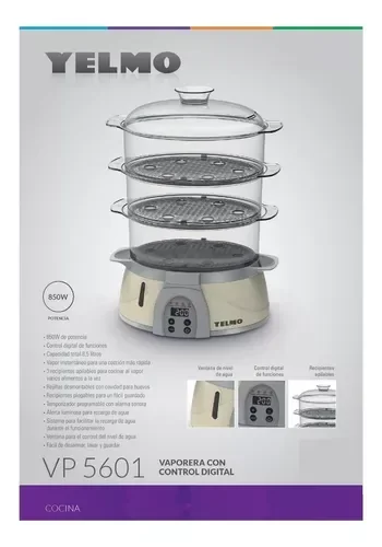 Vaporera Yelmo Vp-5601 Digital 8.5Lts. 3 Bandejas Plateadas 5