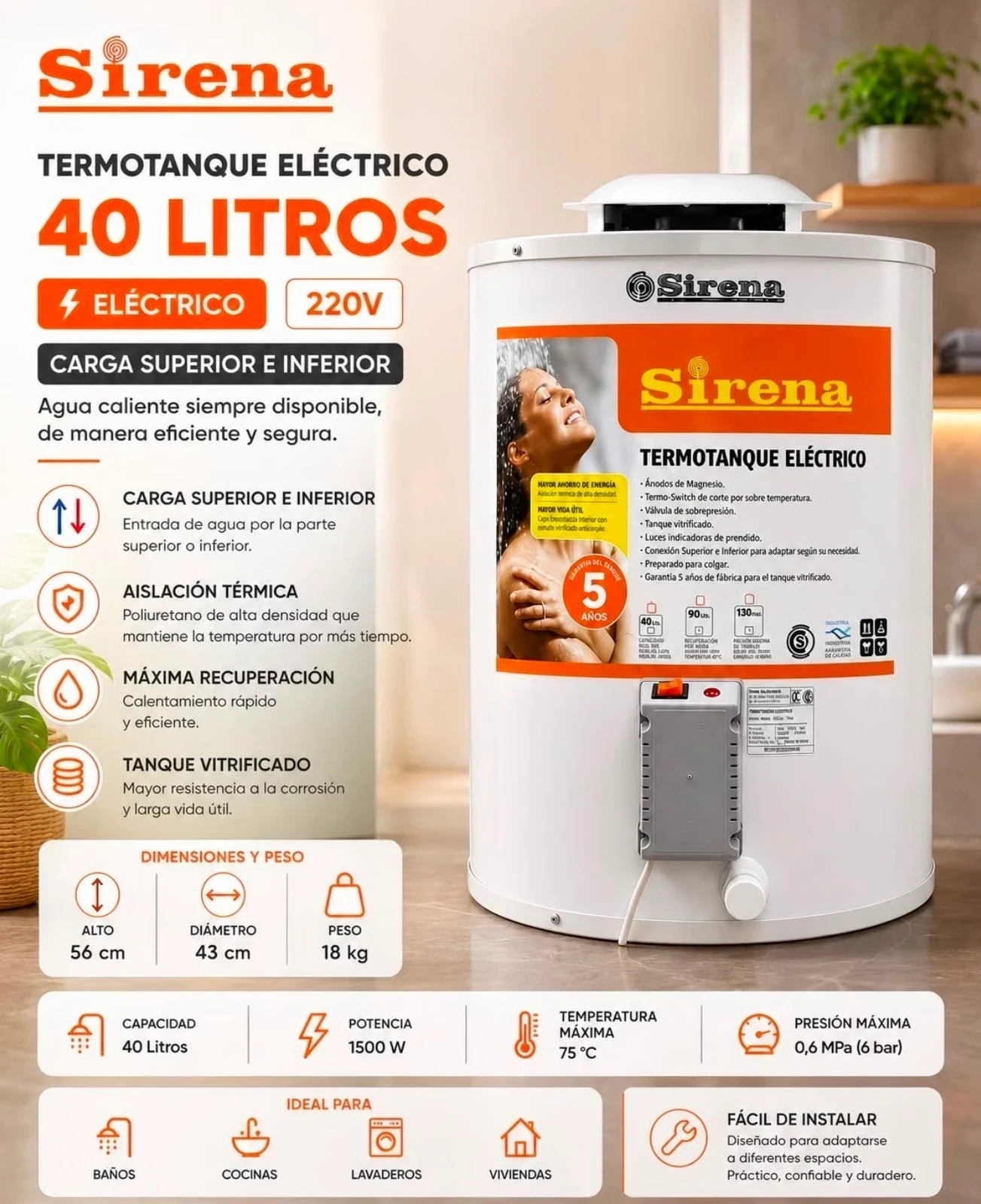 Termotanque eléctrico Sirena 40 lts 