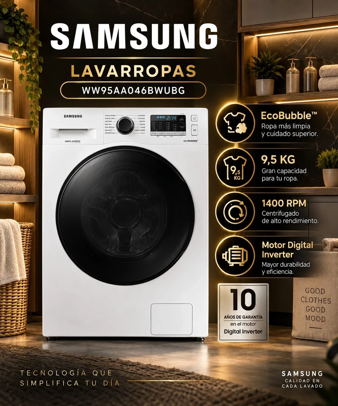 LAVARROPAS SAMSUNG 9,5 KILOS CARGA FRONTAL CONSULTAR DISPONIBILIDAD CON EL VENDEDOR