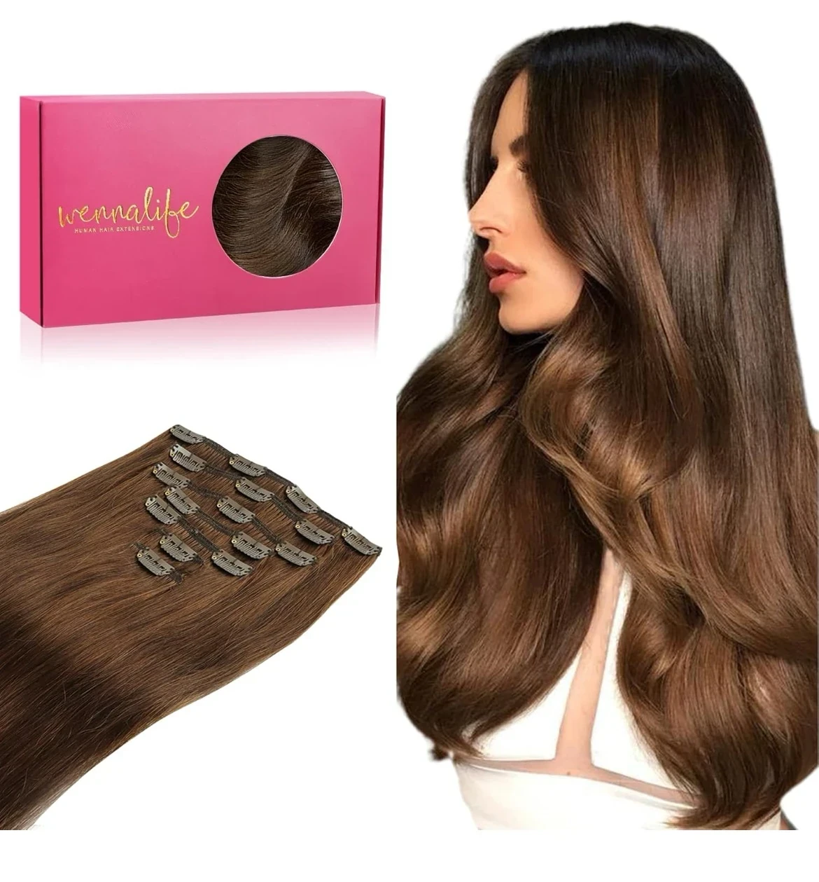 Extensiones de cabello humano con clip, extensiones de cabello Remy, 20. pulgadas, (120g), 7 unidades