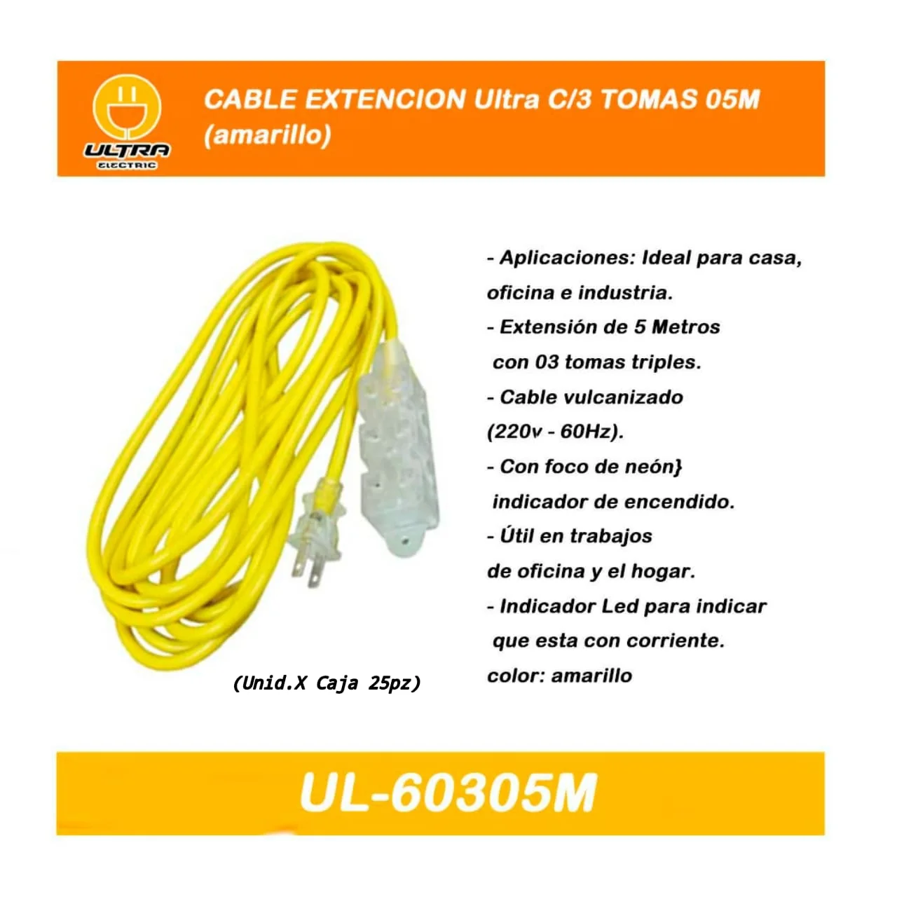 CABLE EXTENCION Ultra C/3 TOMAS 05M (amarillo) 
