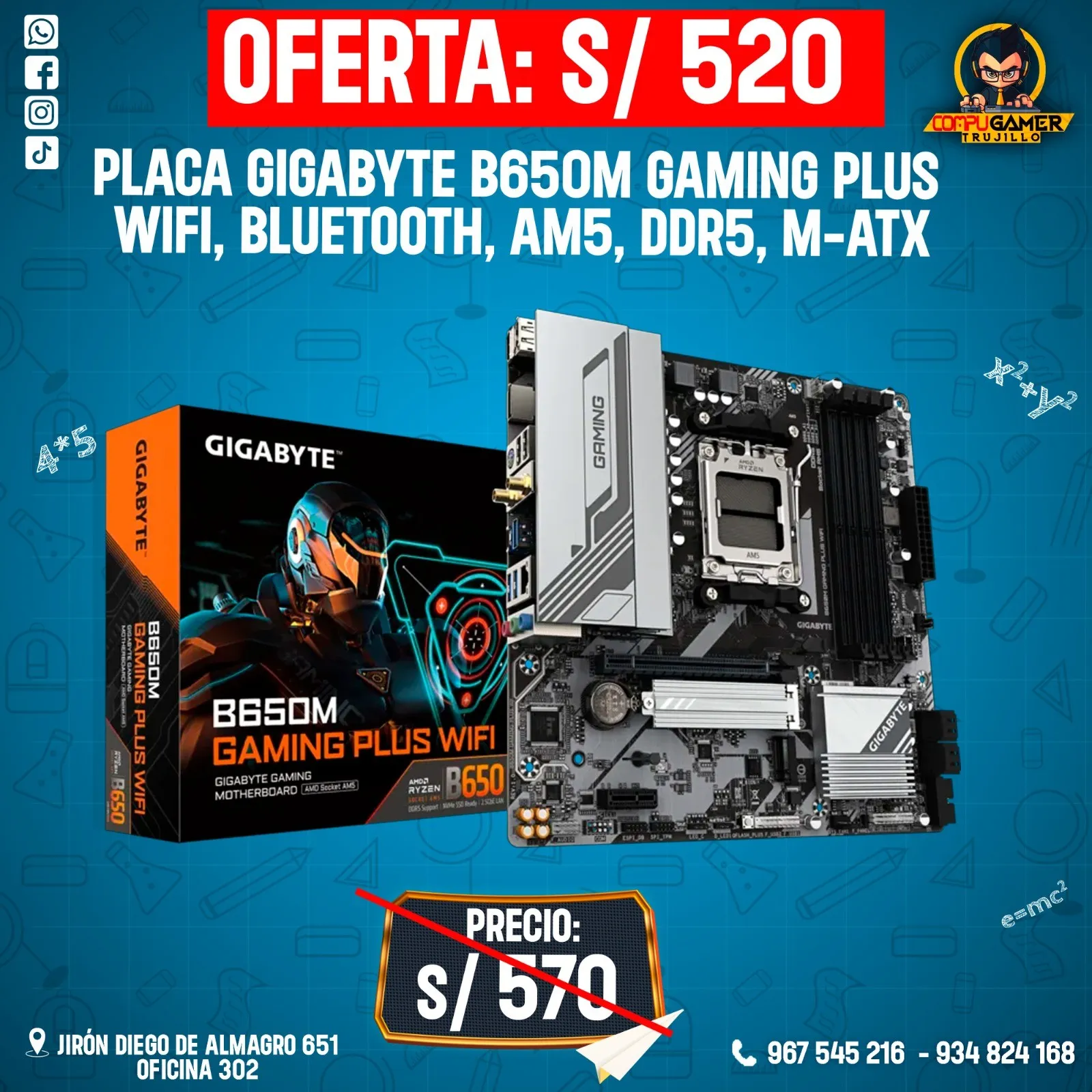 PLACA GIGABYTE B650M GAMING PLUS, WIFI, BLUETOOTH, AM5, DDR5, M-ATX 