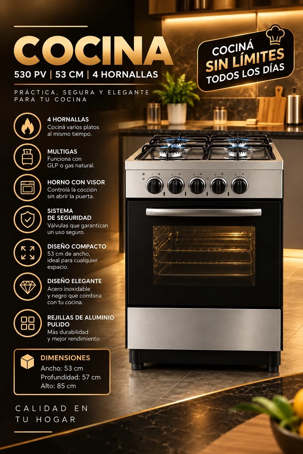 COCINA PEABODY GOURMET BAKE OFF 53CM 4H *CONSULTAR DISPONIBILDAD CON EL VENDEDOR*