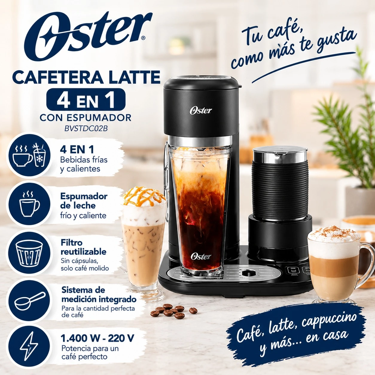 CAFETERA OSTER LATTE 4 EN 1 CON ESPUMADOR - BVSTDC02B