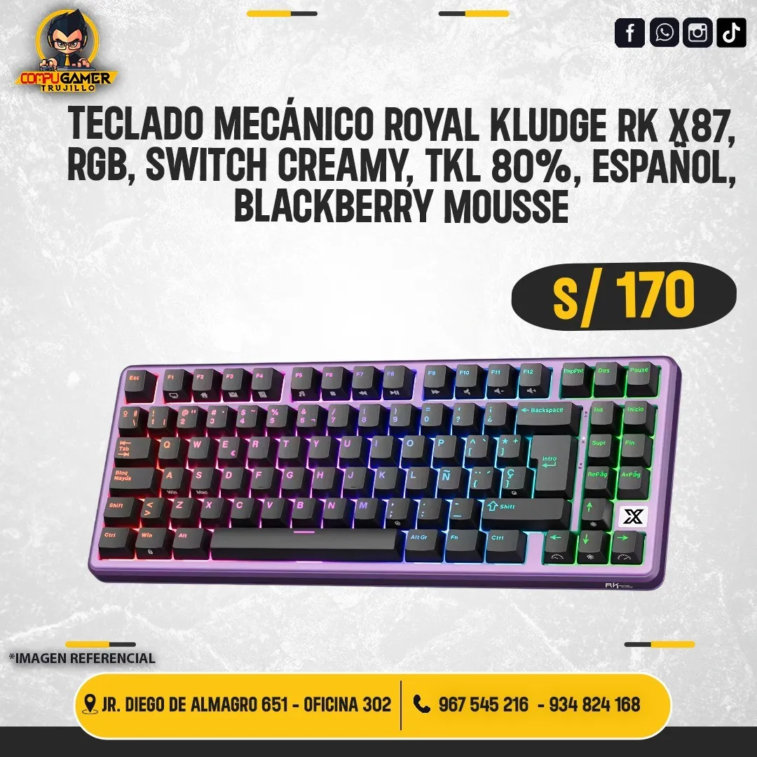 TECLADO MECÁNICO ROYAL KLUDGE RK X87, RGB, SWITCH CREAMY, TKL 80%, ESPAÑOL, BLACKBERRY MOUSSE