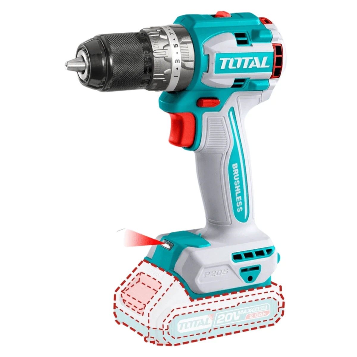 TIDLI20602 Taladro atornillador percutor brushless chuck metálico 20v +2 baterías 2.0ah total 3
