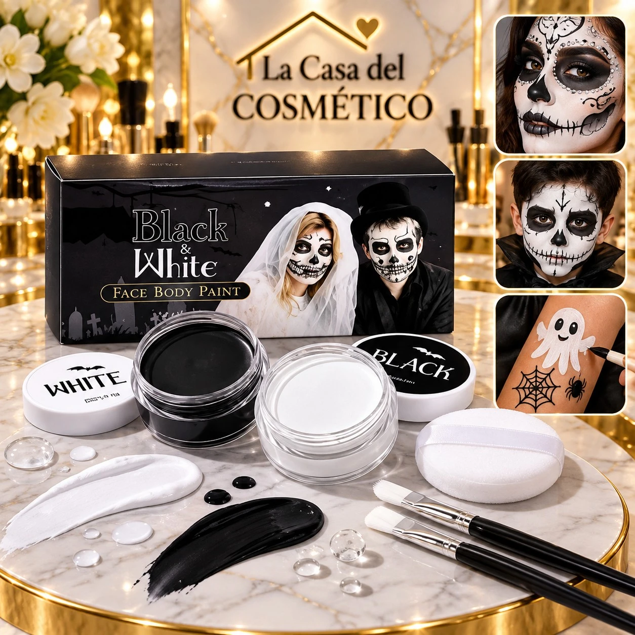 lumera fantasia de sombras kit de maquillaje artistico blanco y negro