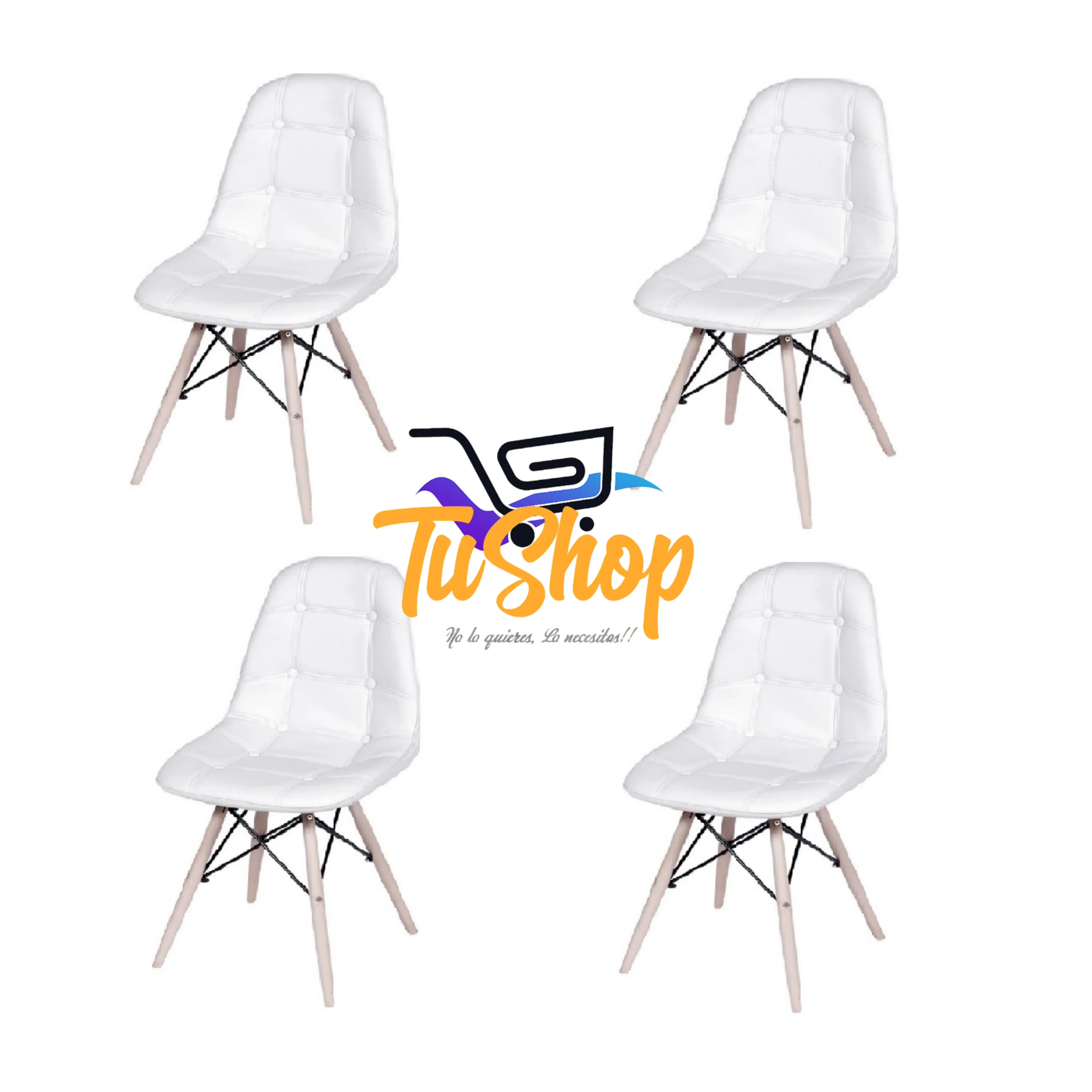 Set x 4 Sillas Botones Eames Acolchadas Blancas 