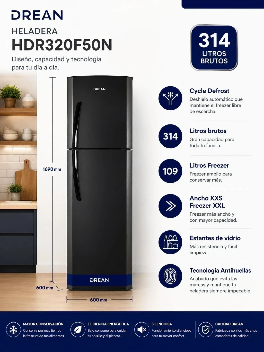 Heladera Drean HDR320F50N 314 LTS BLACK