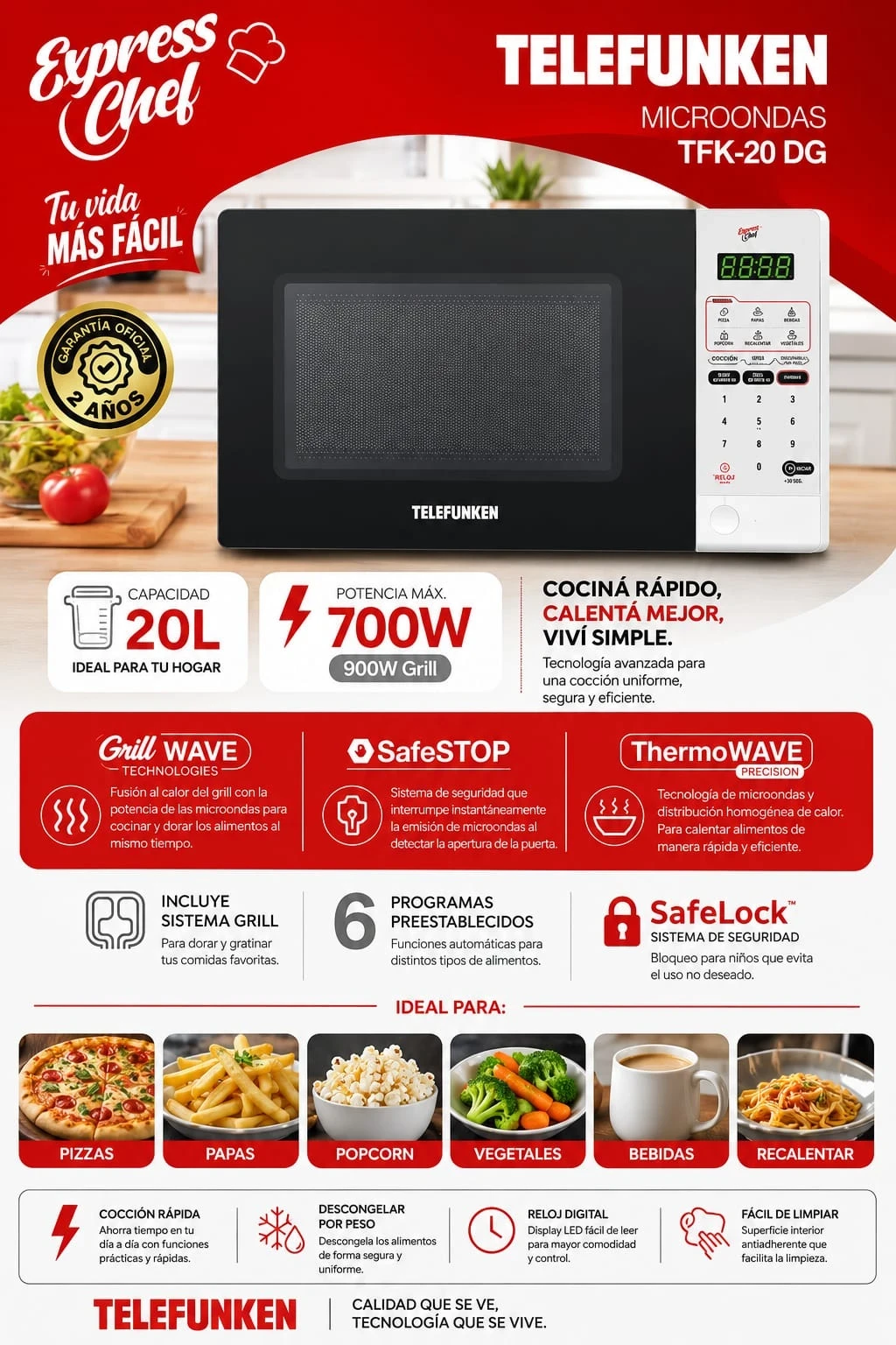 Microondas Telefunken TfK20 Digital Grill