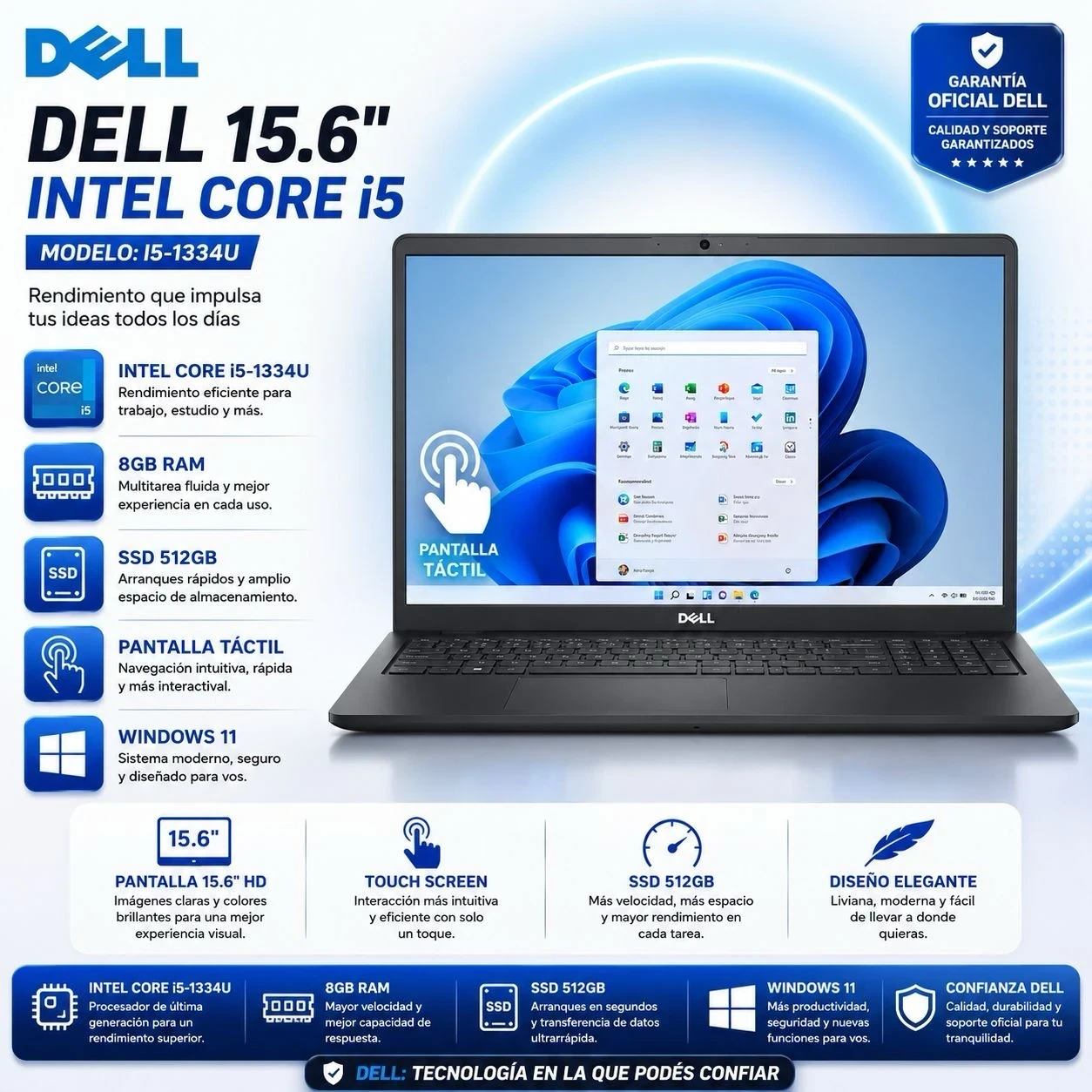 Notebook Dell 15.6" (Intel Core I5-1334u | 8Gb Ram | 512Gb Ssd | Pantalla Tactil | Windows 11
