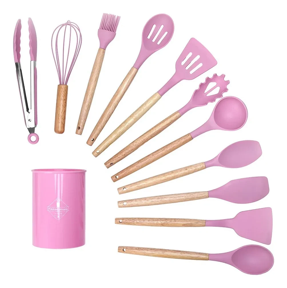 SET DE UNTENSILLOS DE SILICONA X12 PIEZAS COLOR ROSA
