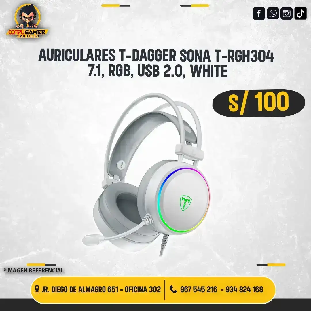 AUDÍFONO GAMER CON MICRÓFONO T-DAGGER SONA T-RGH304W 7.1 RGB WHITE 