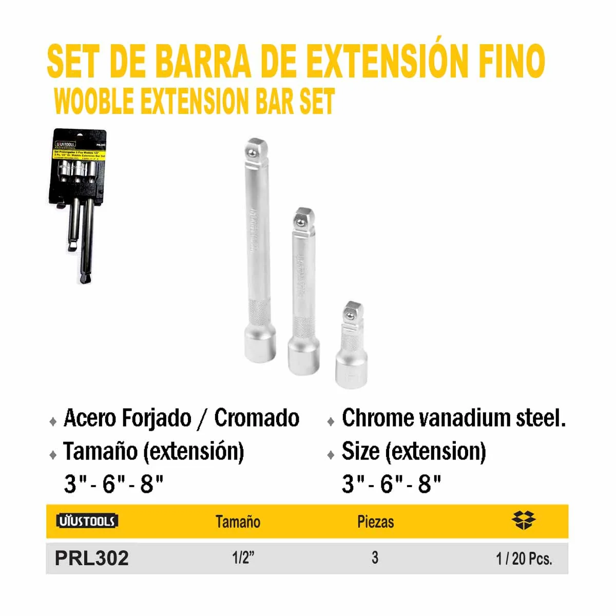 SET BARRA DE EXTENCION FINO 3 PZ UYUST 1/2"(Aumento)