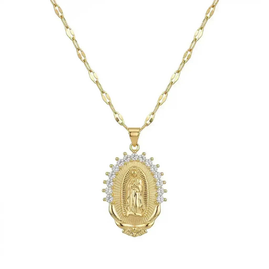 Cadena Y Dije En Acero Con Piedra Circon De Virgen De Guadalupe Piedras Blancas