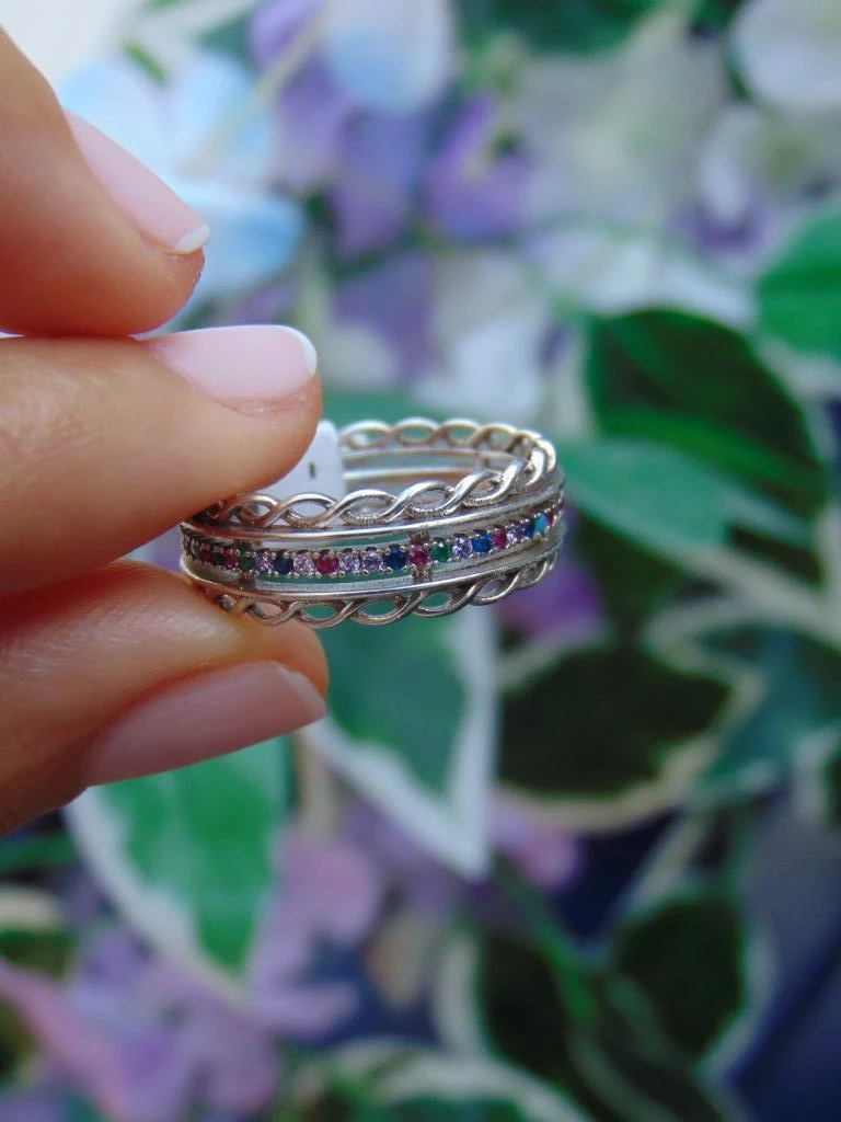 ANILLO PLATA LEY 925 GRUESO LINEA CIRCONES COLORES TEJIDO TALLA 8 2