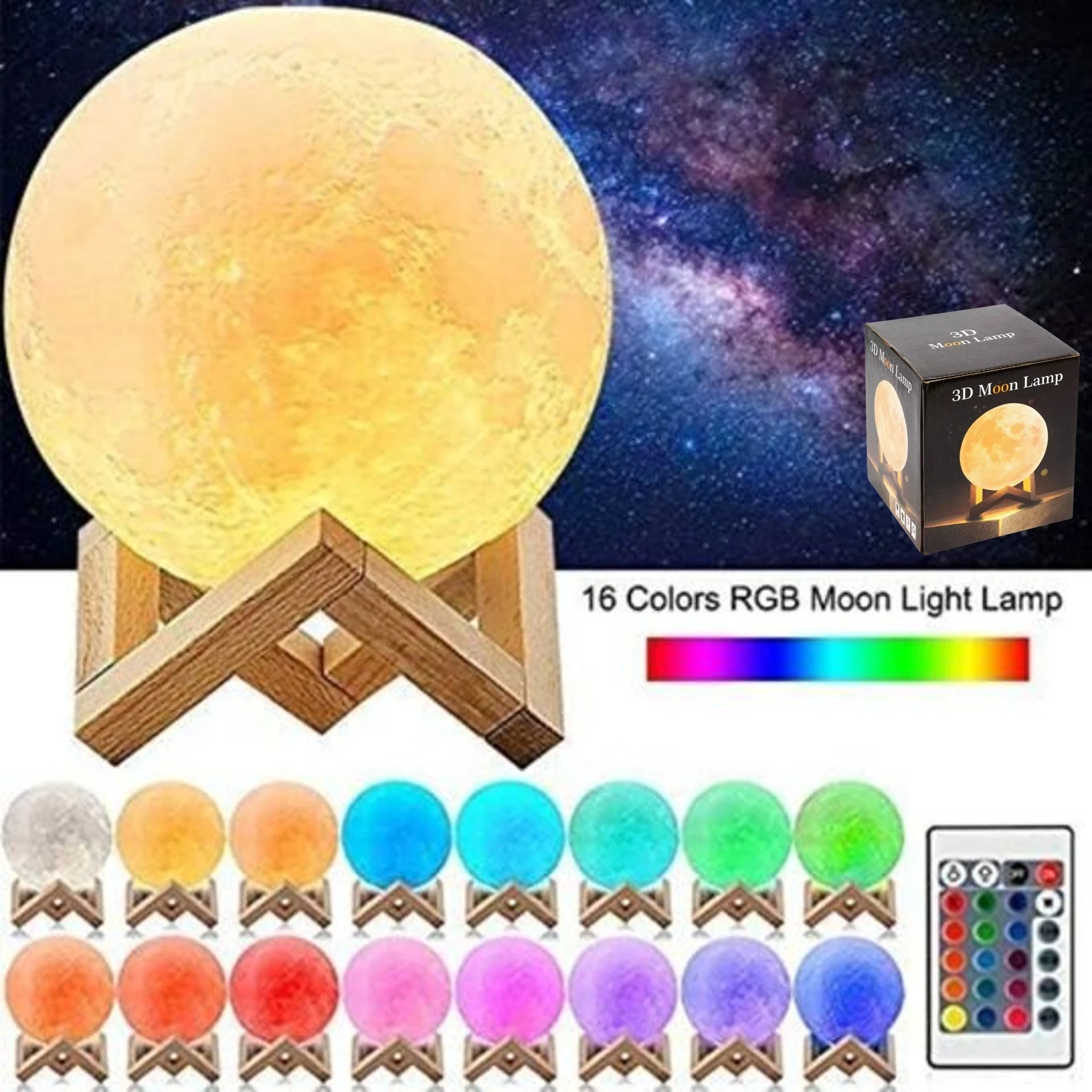 Lampara Luz Luna 15cm Recargable / Base De Madera / Con Control Remoto / 16 Colores / Táctil