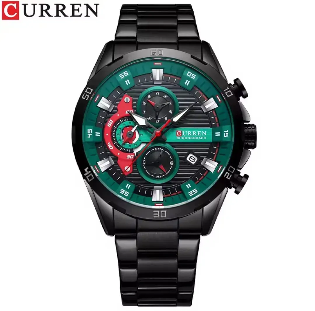 Reloj Curren Original Acero Cronografo 8402 Negro Fondo Negro Detalles Verdes Con Rojo 4