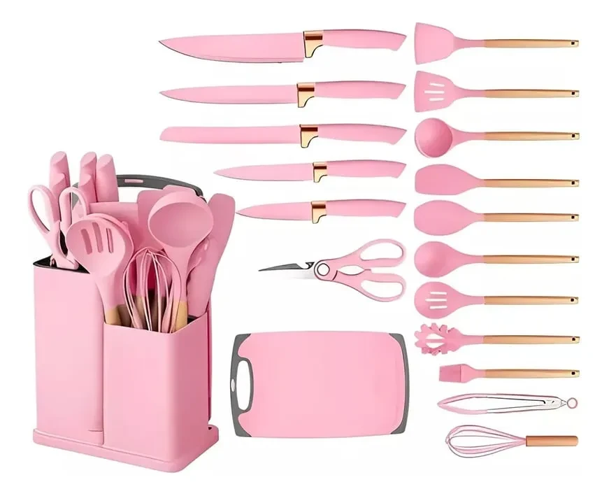 SET DE UNTENSILLOS DE COCINA MANGO DE MADERA KIT X19 PUNTA DE SILICONA COLOR ROSA